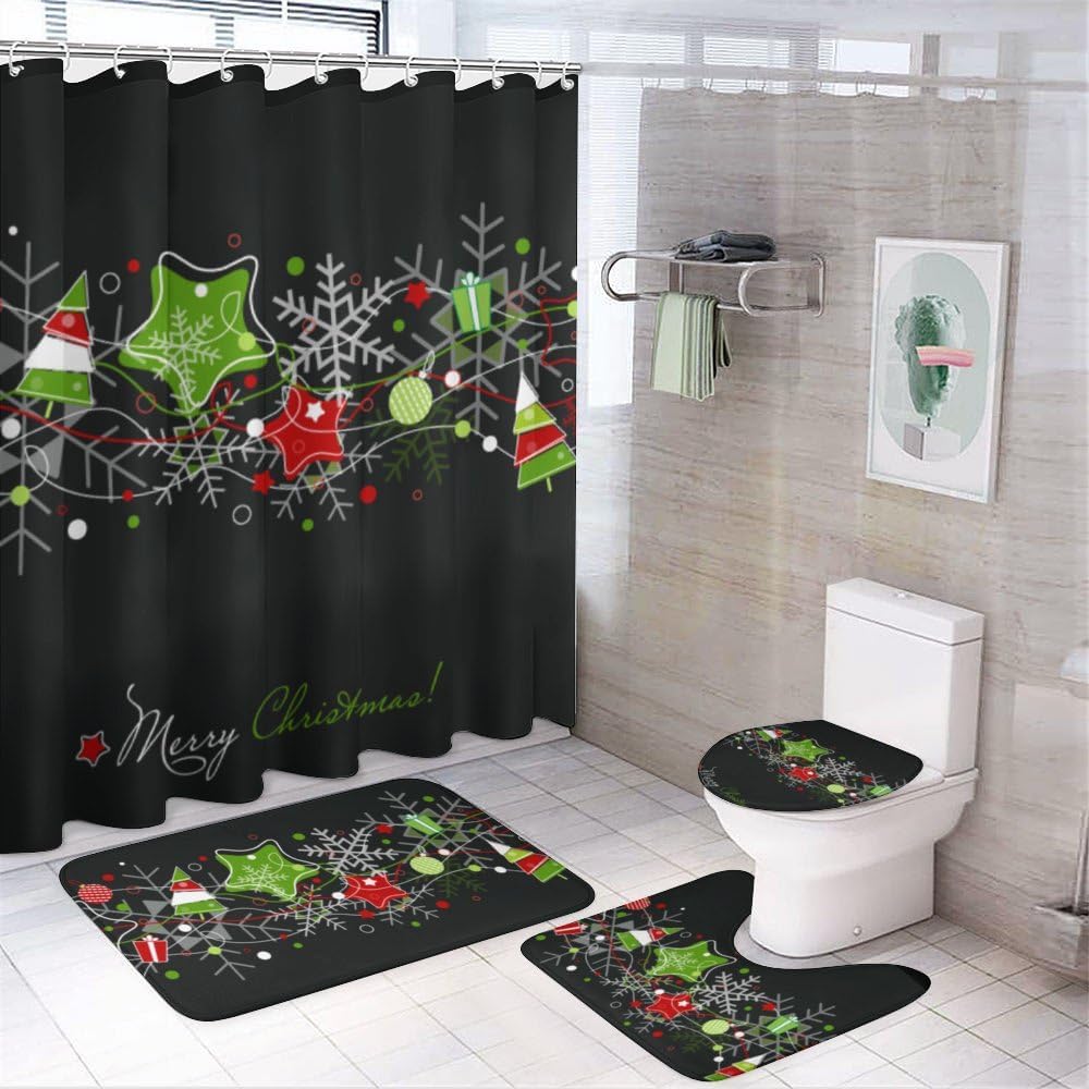 Kuizee 4-Piece Shower Curtain Set with Rugs Christmas Stars Snowflakes