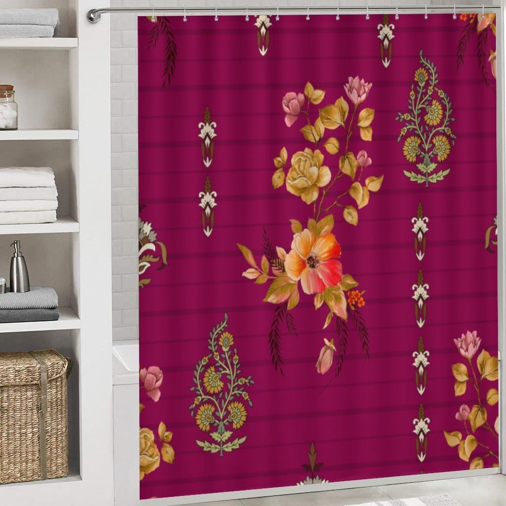 Kuizee 4 Piece Luxury Floral Shower Curtain Set with Non-Slip Rugs