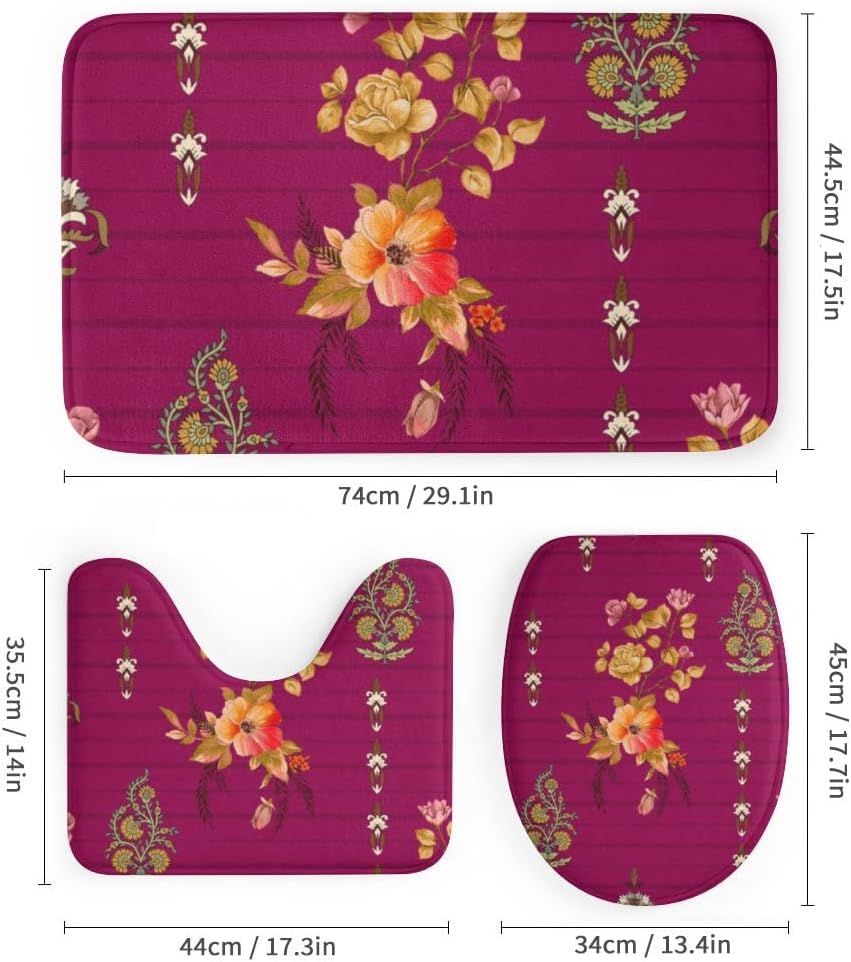 Kuizee 4 Piece Luxury Floral Shower Curtain Set with Non-Slip Rugs