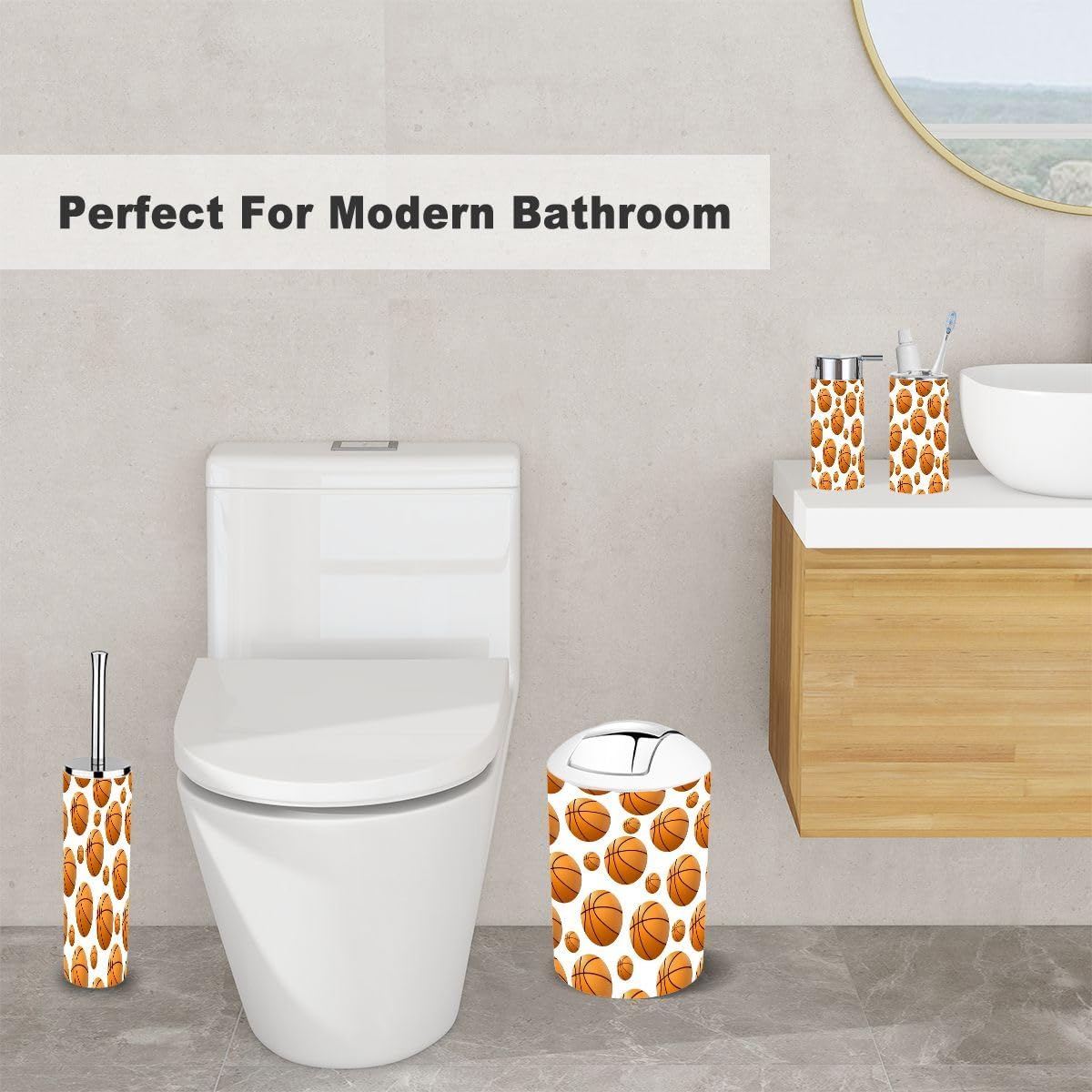 6 Piece Bathroom Accessory Set with Trash Can and Basketball Design