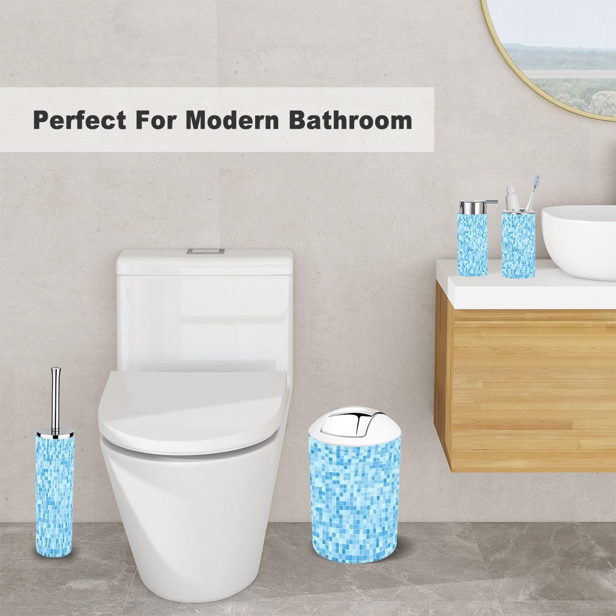 6 Piece Bathroom Accessory Set Blue Mosaic Tile
