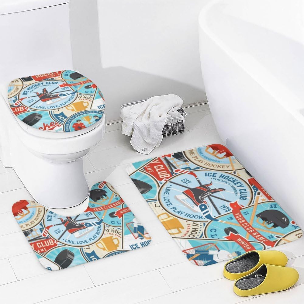 Kuizee 4 Piece Ice Hockey Shower Curtain Set with Non-Slip Rugs