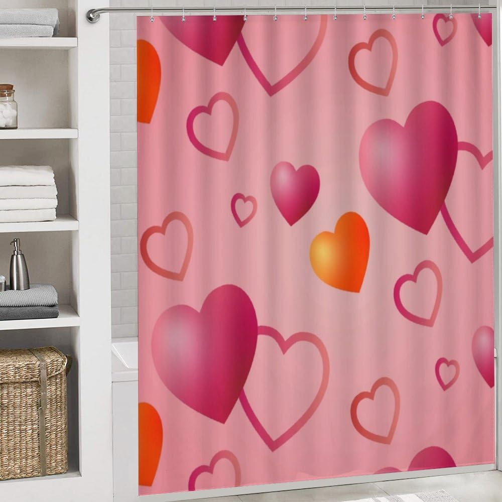 Kuizee Heart Pattern Shower Curtain Set with 4 Pieces Non-Slip Rugs