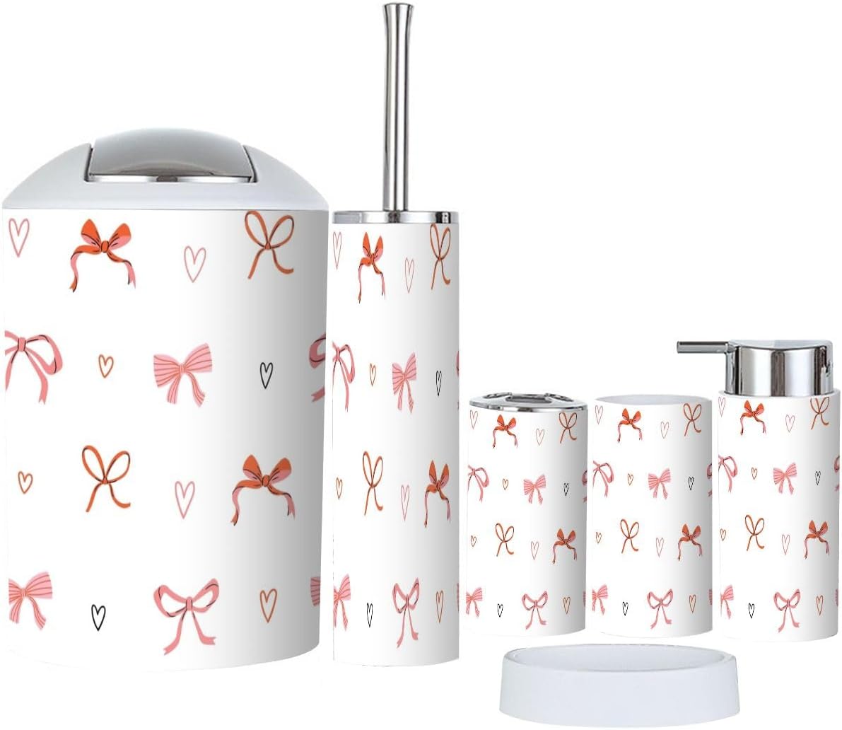 6 Piece Bathroom Accessory Set Pink Red Seamless Pattern 1
