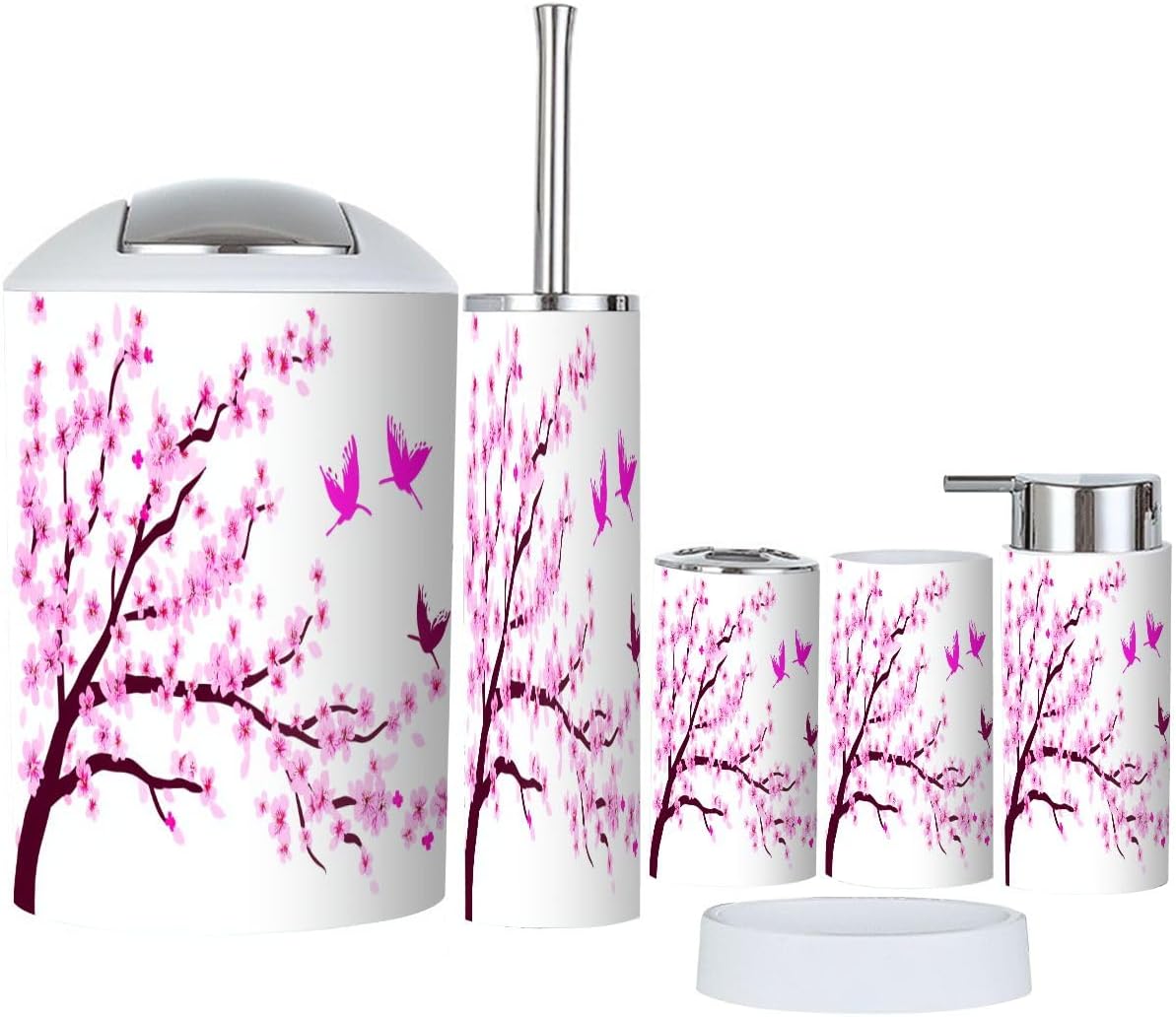 Cherry Blossom Birds Bathroom Accessory Set 6 Piece 1
