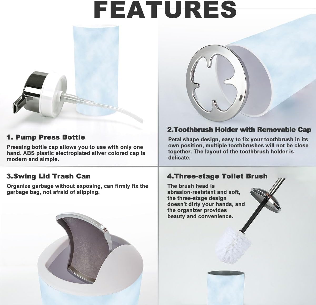 6 Piece Bathroom Accessory Set - Baby Blue Sky Clouds Design