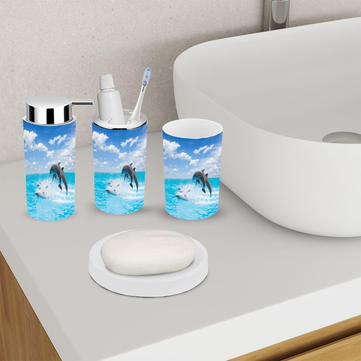 6 Piece Bathroom Accessory Set with Jumping Dolphins Design