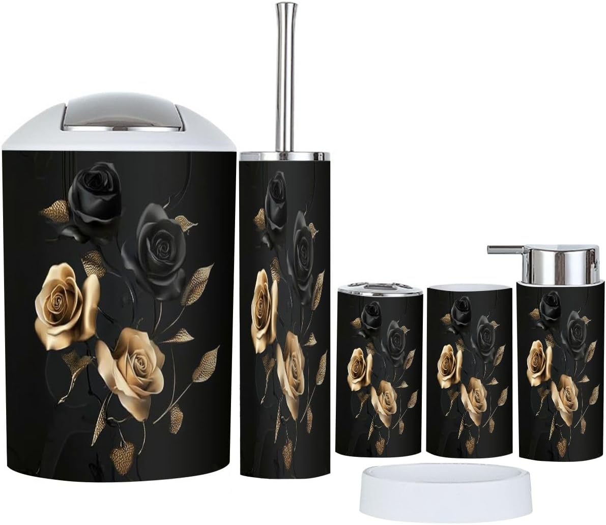 Boho Gold Black Roses Bathroom Accessory Set 6 Piece