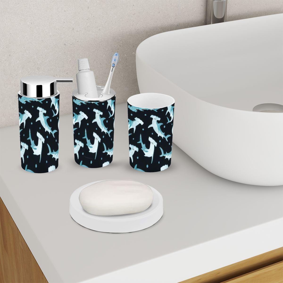 6 Piece Bathroom Accessory Set with Shark Pattern