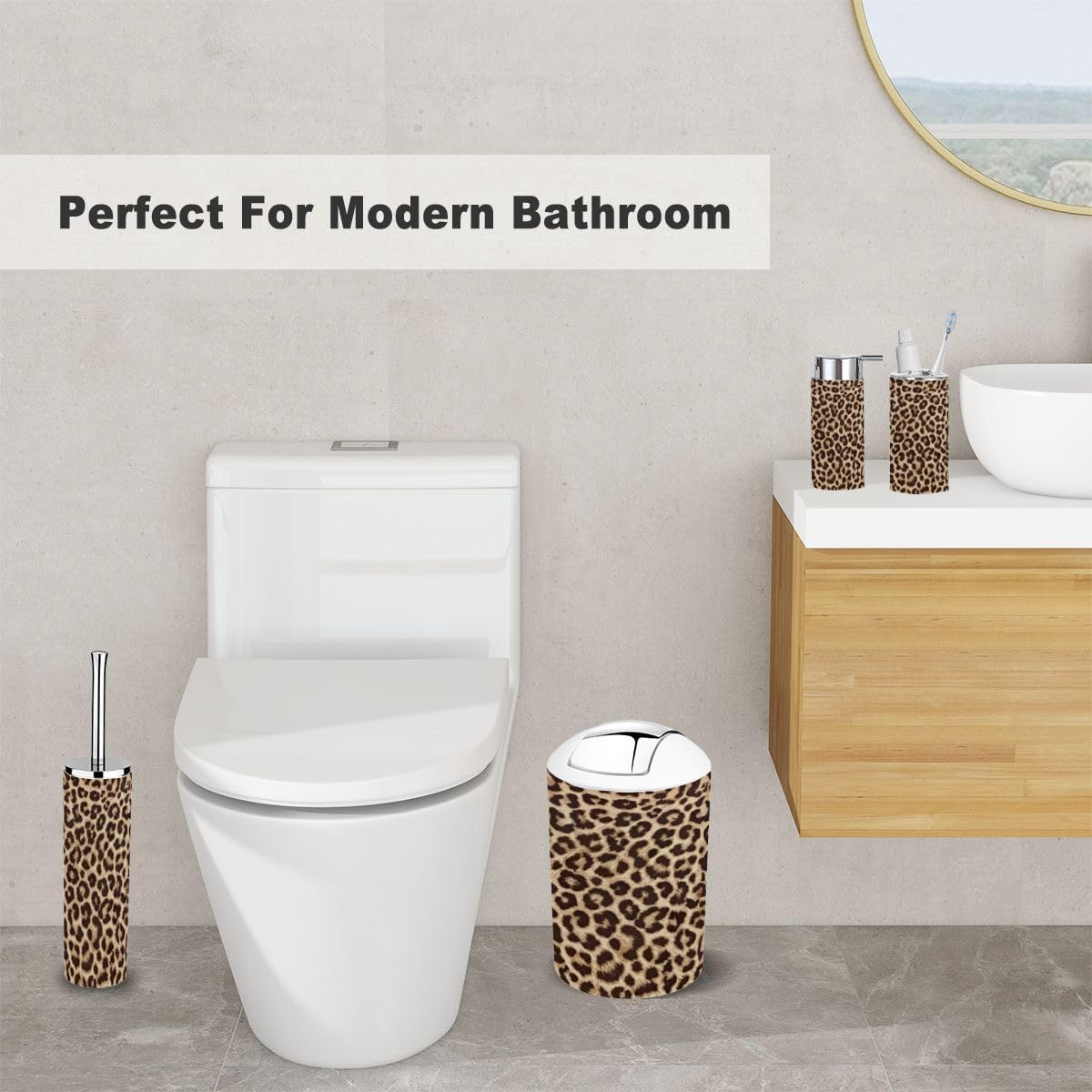 Bathroom Accessory Set 6 Piece Leopard Skin Pattern