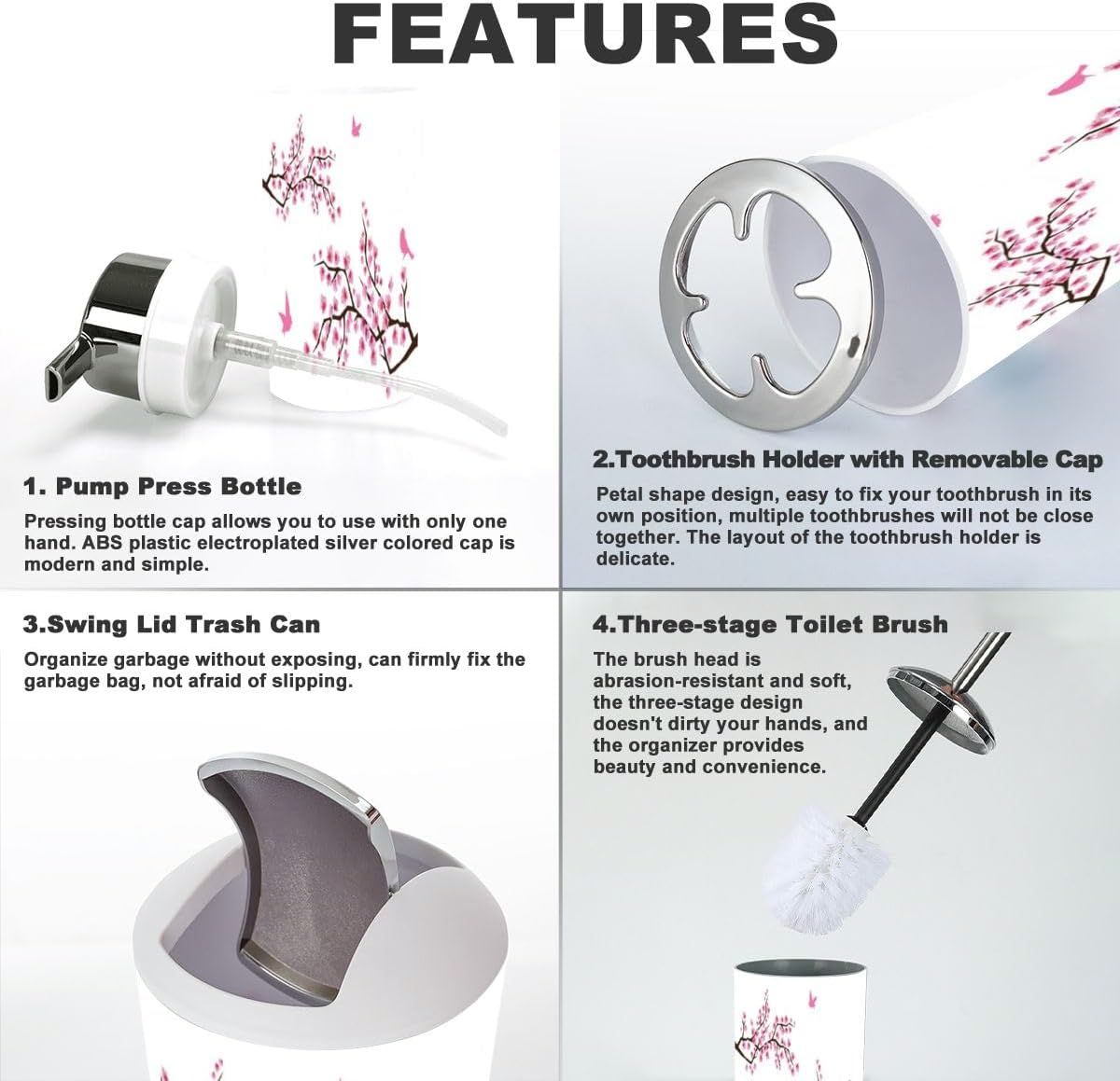 Cherry Blossom Birds Bathroom Accessories Set 6 Piece