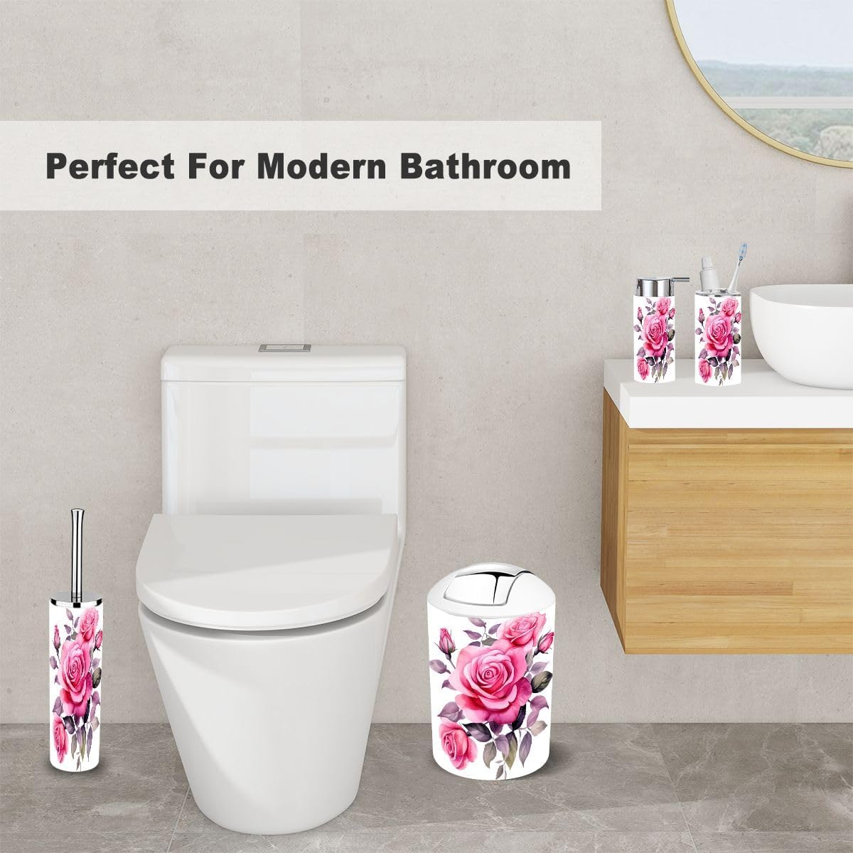 Pink Rose Flower Bathroom Accessory Set 6 Piece