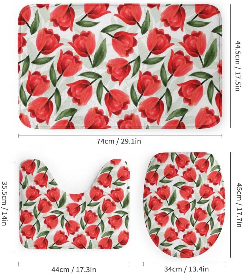 Kuizee 4-Piece Shower Curtain Set with Rugs Red Tulips Botanical Garden