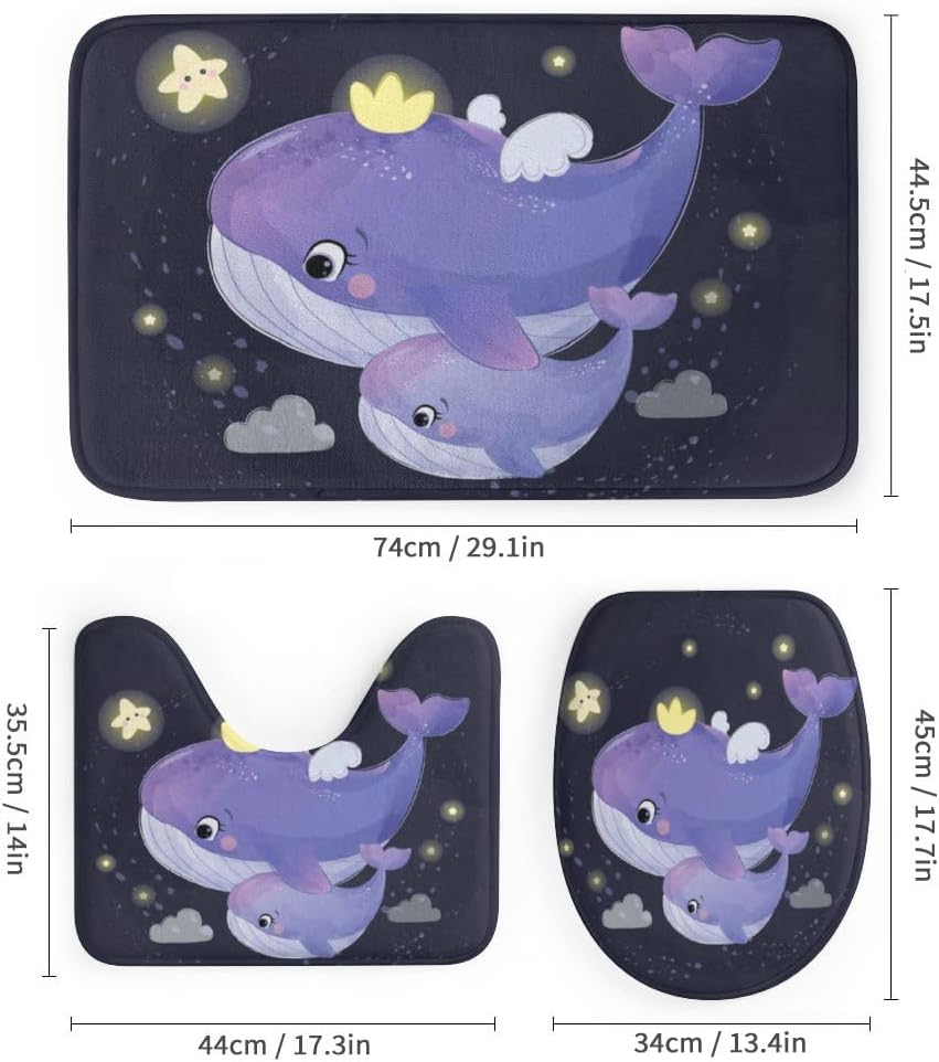 Kuizee 4-Piece Whale Motherhood Shower Curtain Set with Non-Slip Rugs