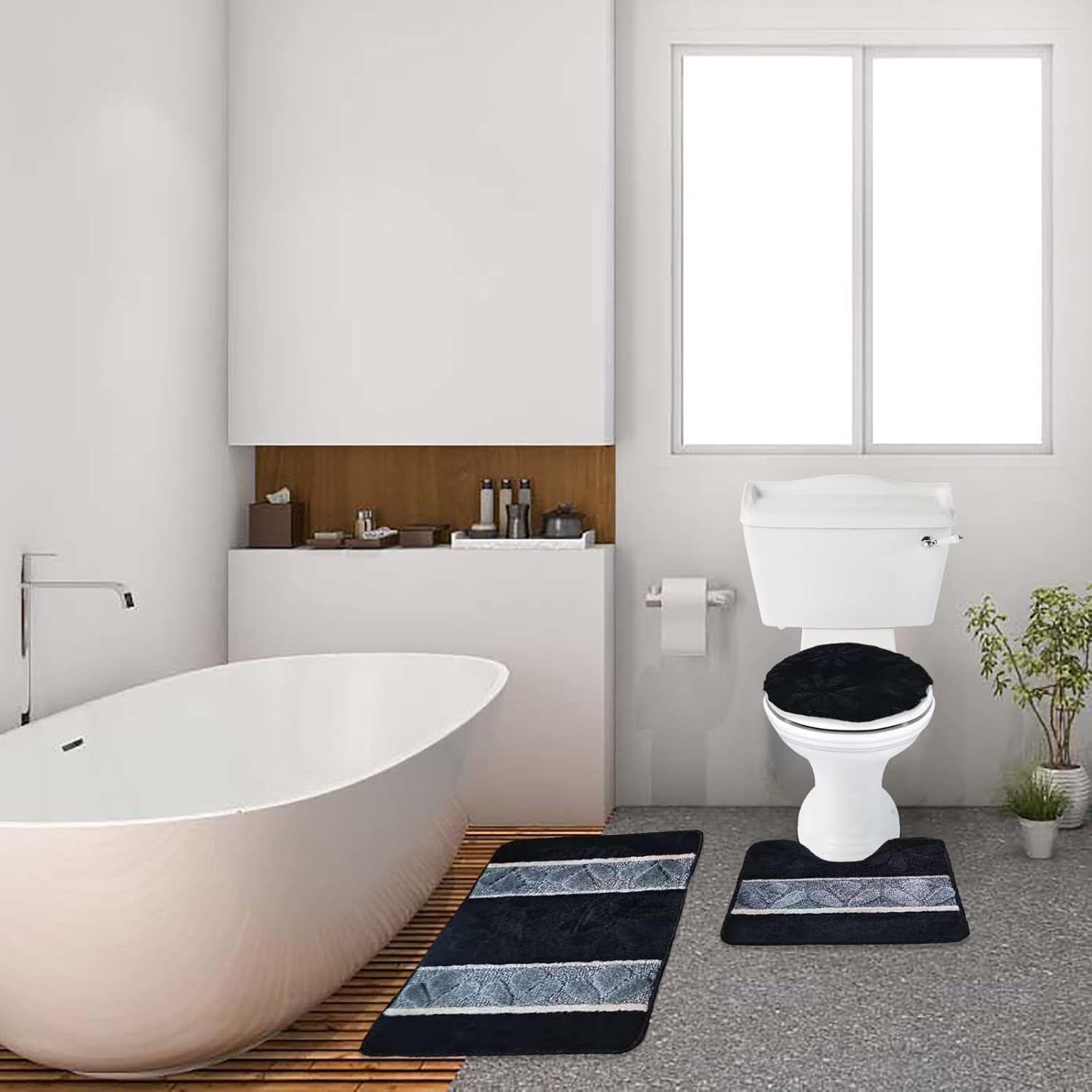 BH Home Linen 3 Pcs Geometric Shaggy Bath Rugs Set