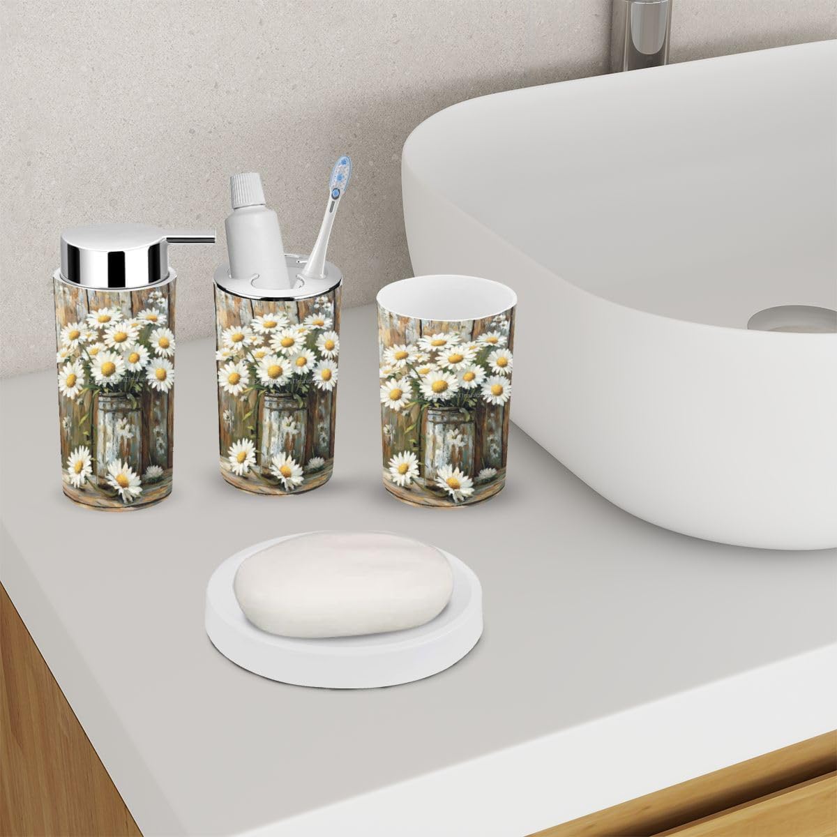 Yellow and White Daisies Bathroom Accessory Set 6 Piece