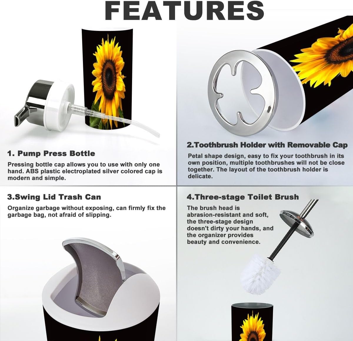 Stylish 6-Piece Bathroom Accessory Set with Black Sunflower Design