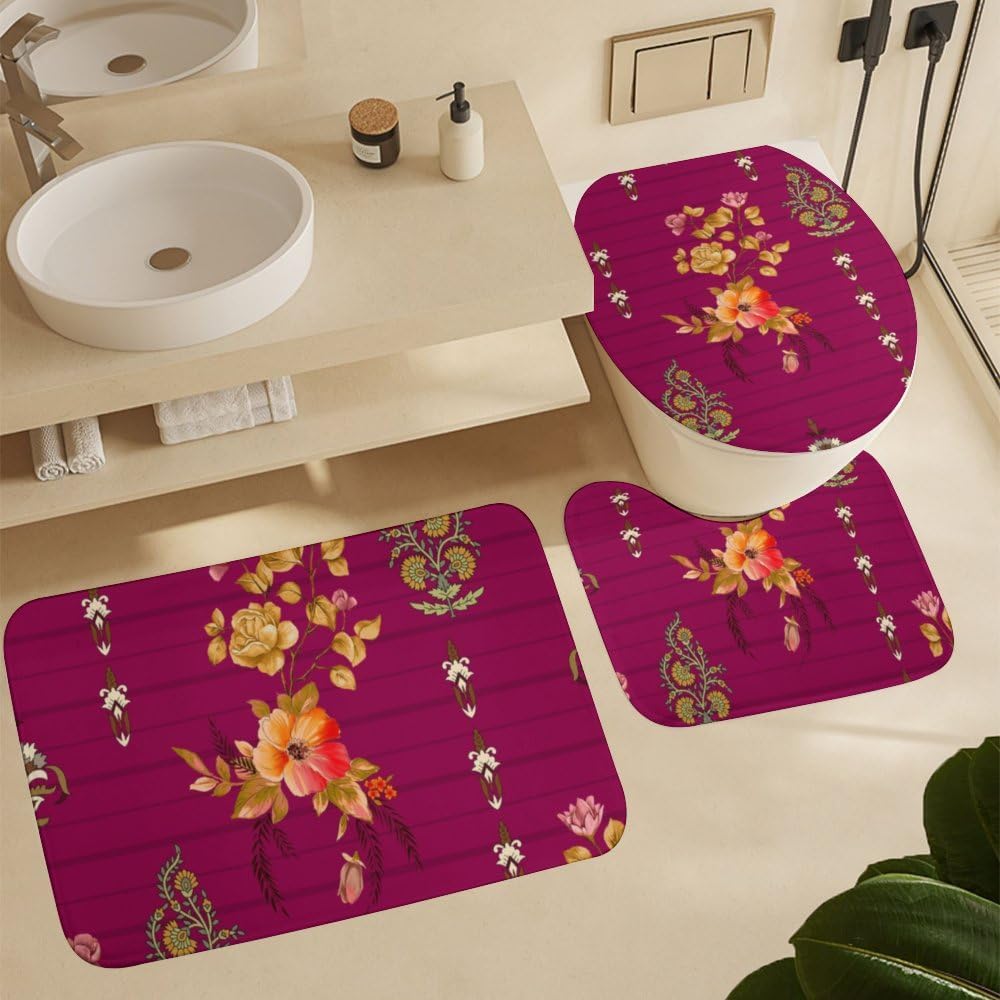 Kuizee 4 Piece Luxury Floral Shower Curtain Set with Non-Slip Rugs