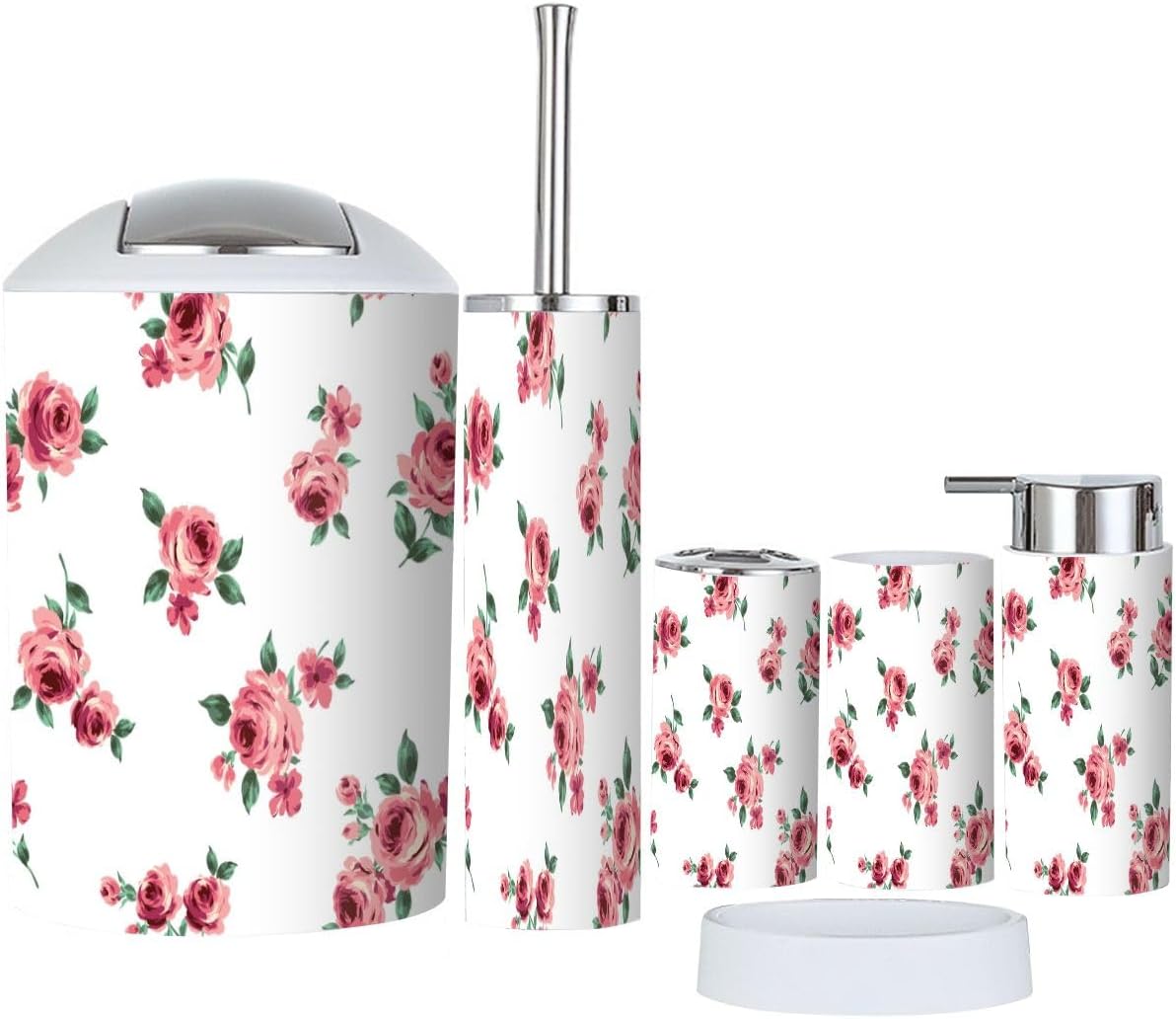 6 Piece Bathroom Accessory Set with Rose Design