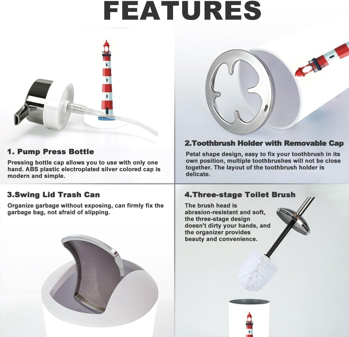 6 Piece Bathroom Accessory Set Red White Lighthouse