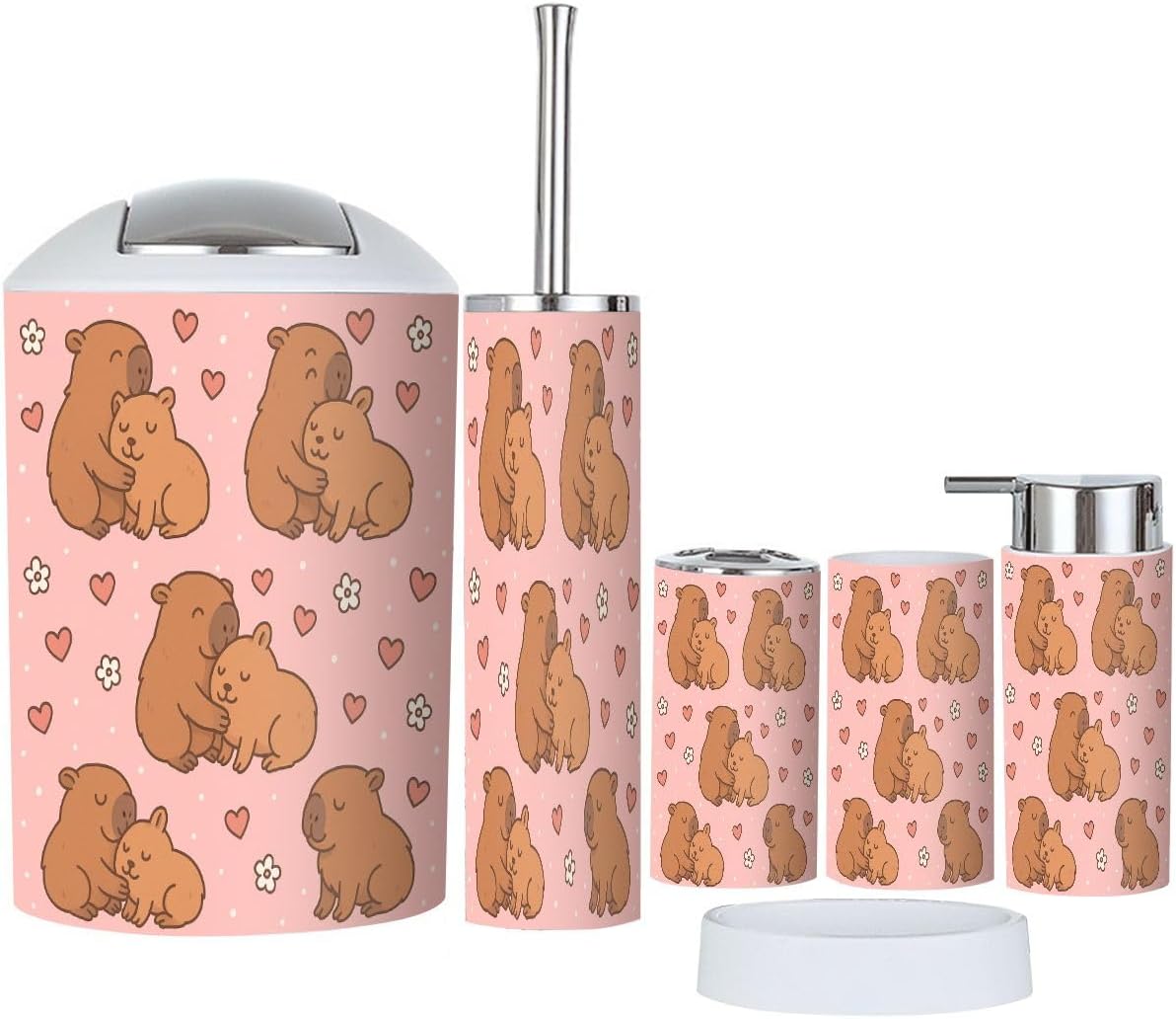 Boho Cute Hugging Capybaras Bathroom Accessory Set 6 Piece