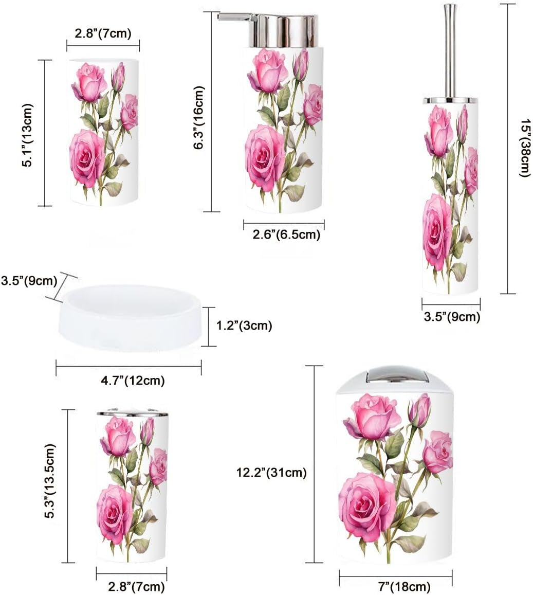 Bathroom Accessory Set 6 Piece Pink Rose Flower Design