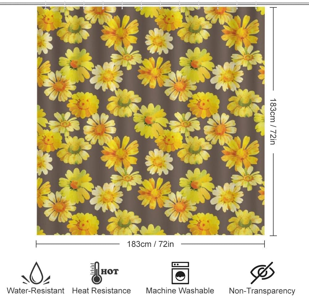 Kuizee 4 Piece Shower Curtain Set with Rugs Chamomile Floral Yellow