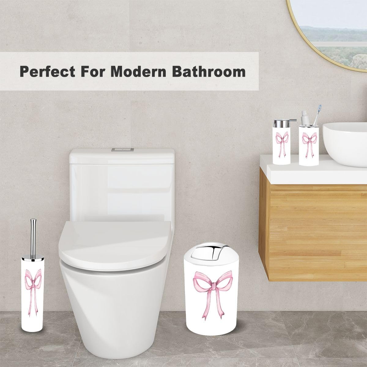 Cute Quote Bathroom Accessory Set with Trash Can