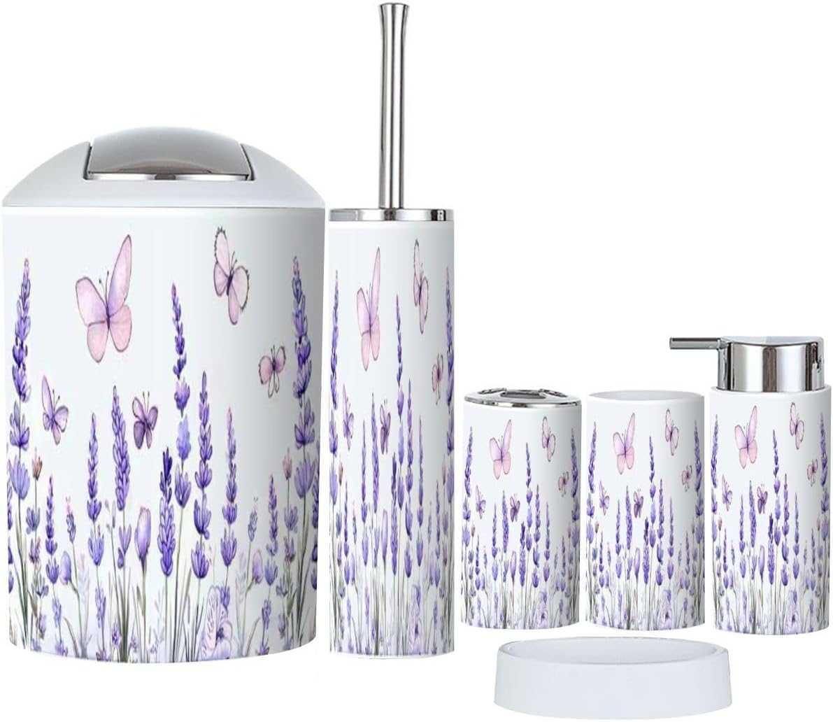 6-Piece Bathroom Accessory Set with Lavender Flowers and Butterflies Design