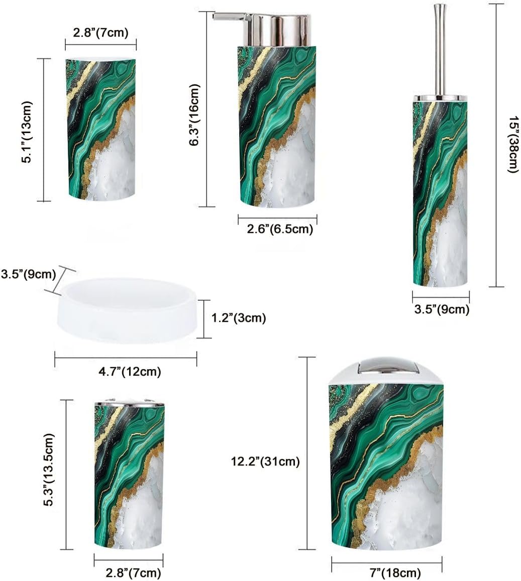 Boho Bathroom Accessory Set 6 Piece in White Marble and Green Agate