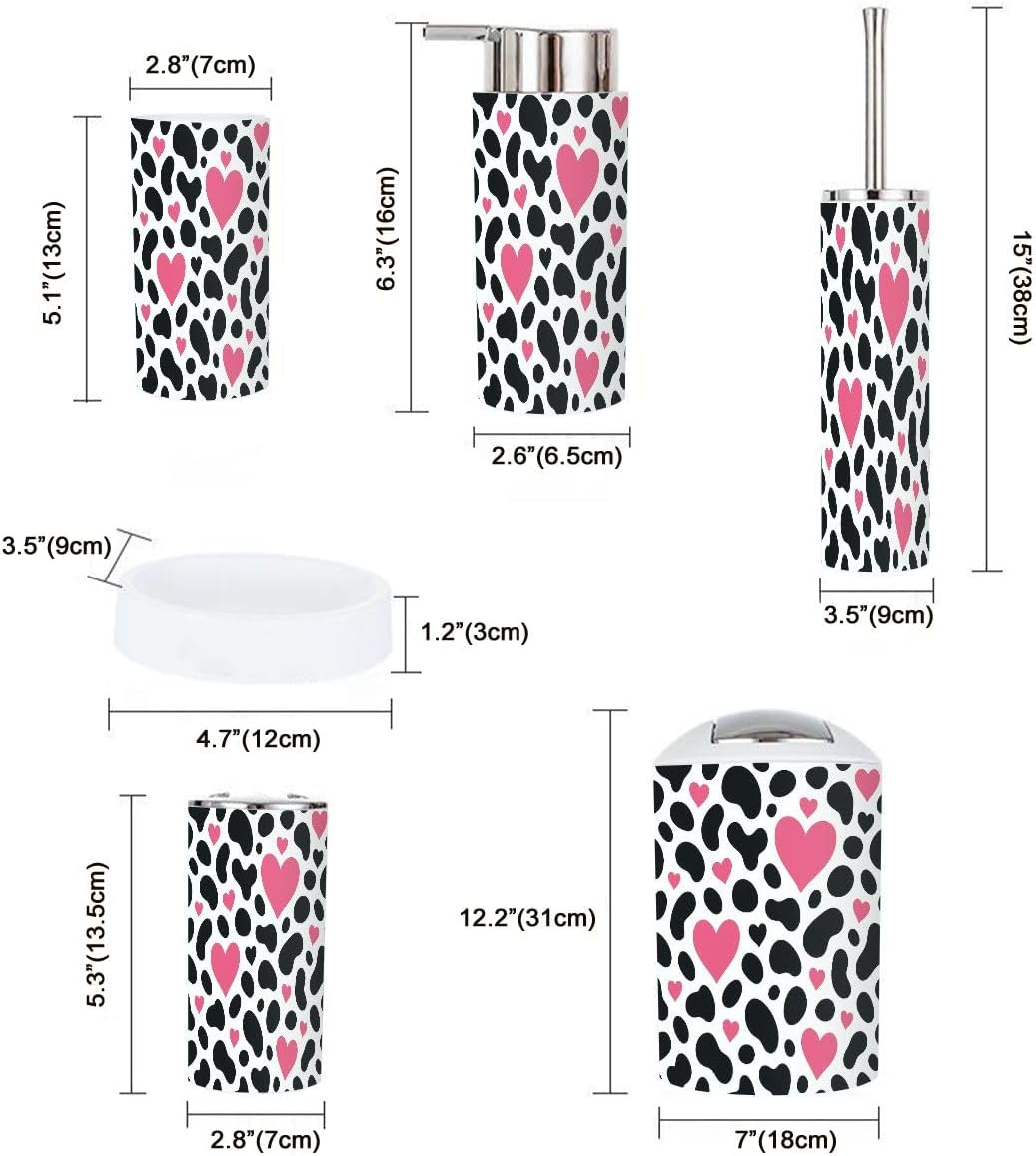 Boho Dalmatian Spot Pink Heart Bathroom Accessories Set 6 Piece