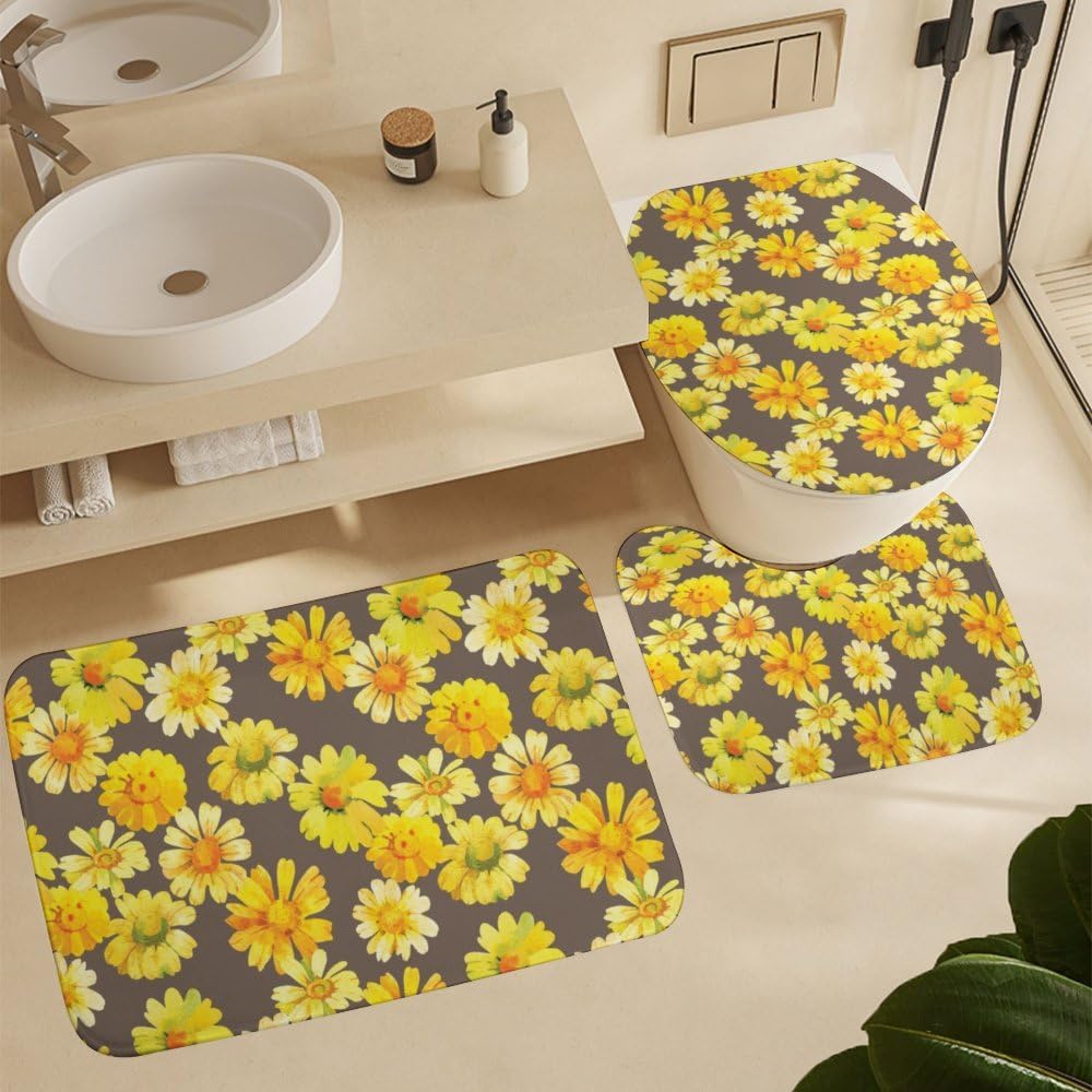 Kuizee 4 Piece Shower Curtain Set with Rugs Chamomile Floral Yellow