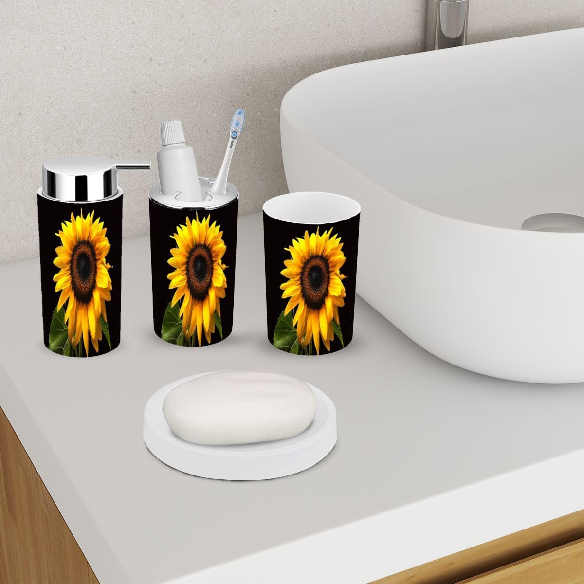 Stylish 6-Piece Bathroom Accessory Set with Black Sunflower Design