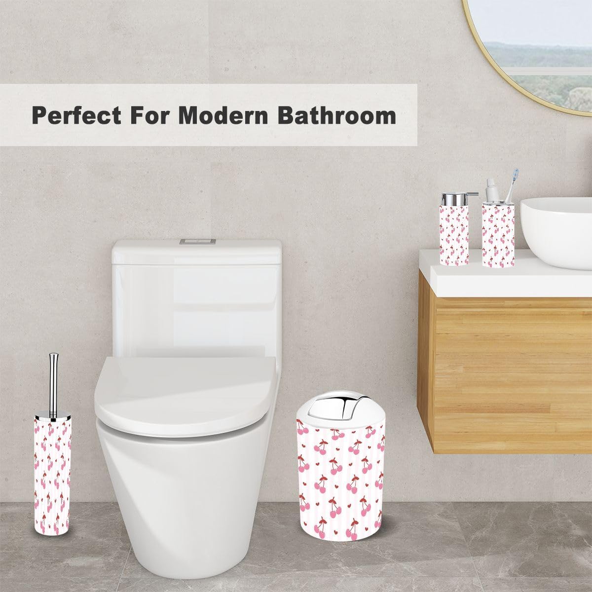6 Piece Bathroom Accessory Set Preppy Pink White