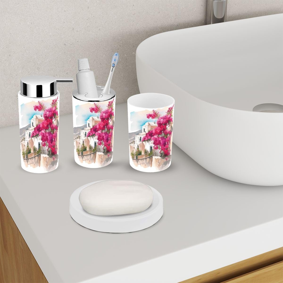 6 Piece Bathroom Accessory Set with Santorini Landscape Design