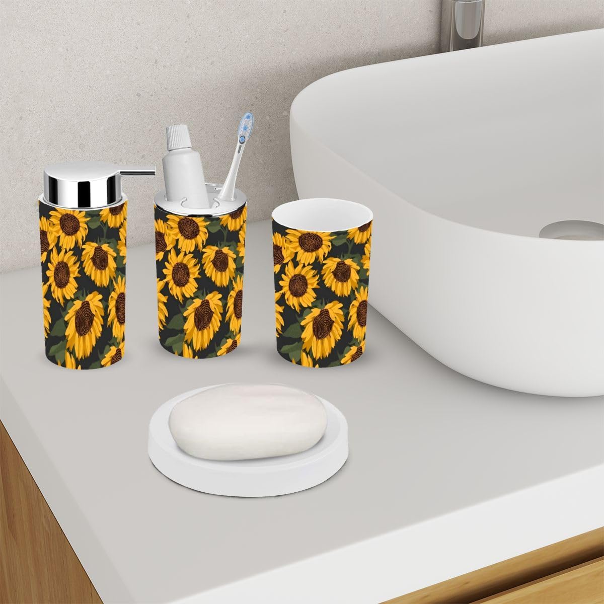 Floral Yellow Bathroom Accessory Set 6 Piece