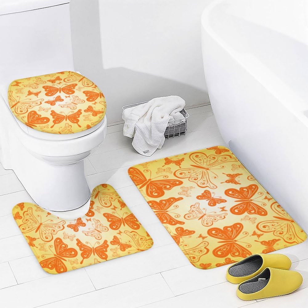 Kuizee 4 Piece Yellow Butterfly Shower Curtain Set with Non-Slip Rugs