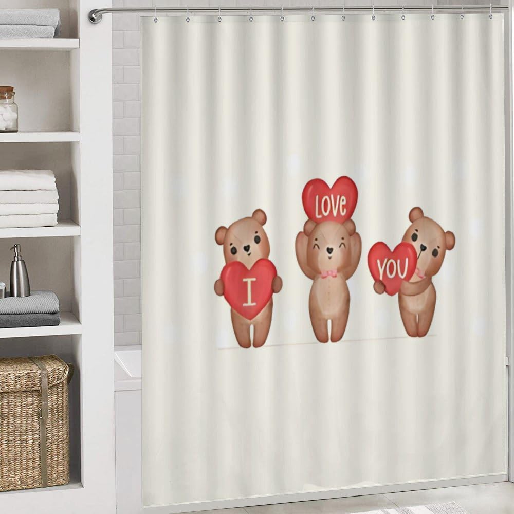 Kuizee 4-Piece Shower Curtain Set with Brown Teddy Bear Rugs