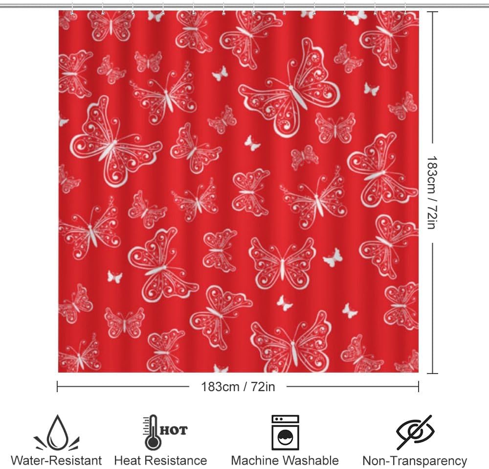 Kuizee 4 Piece Red Butterfly Shower Curtain Set with Non-Slip Rugs