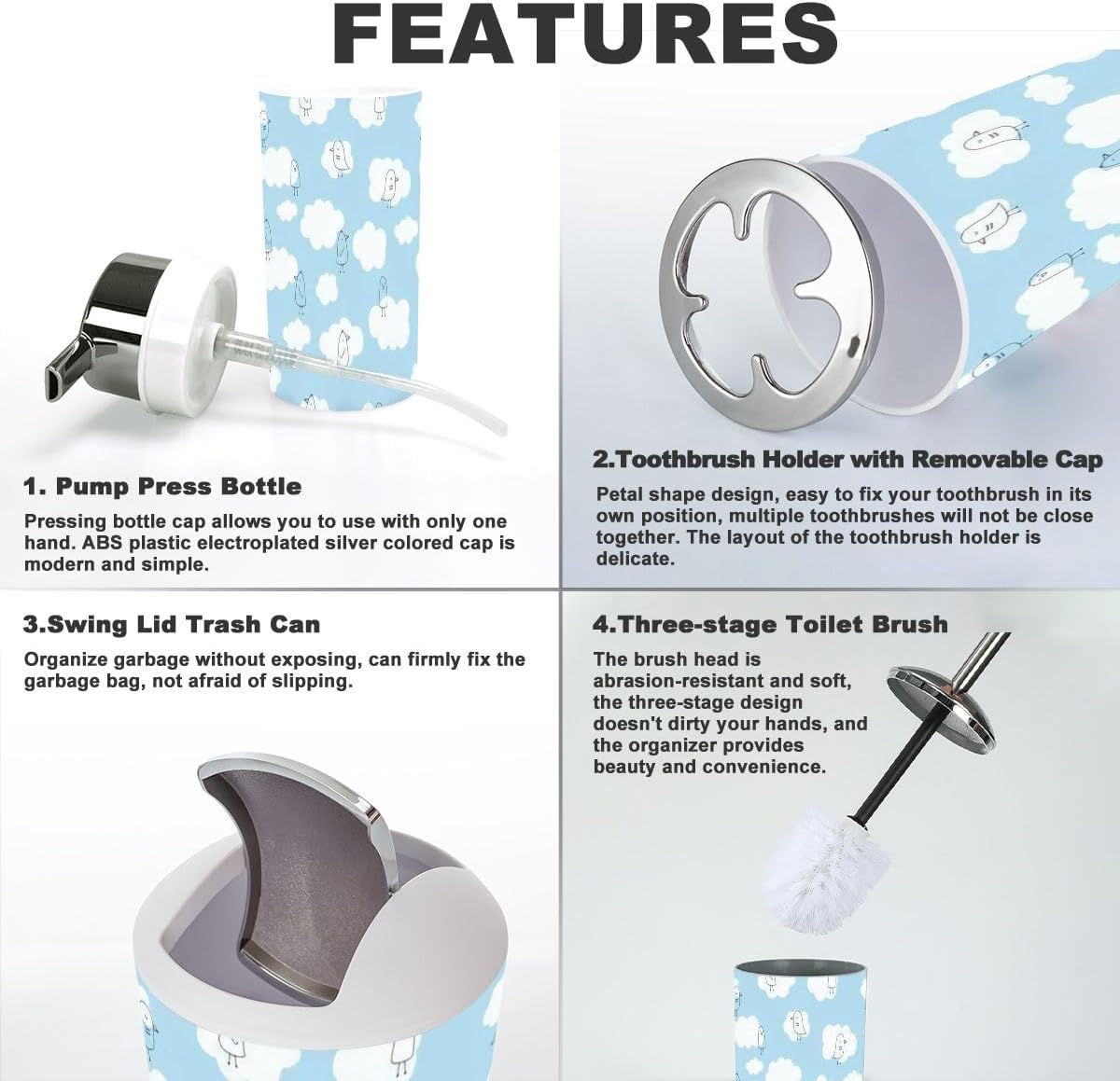 6 Piece Bathroom Accessory Set with Clouds Birds Design