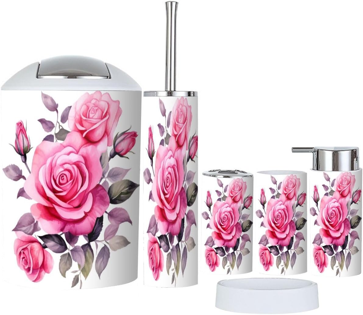 Pink Rose Flower Bathroom Accessory Set 6 Piece
