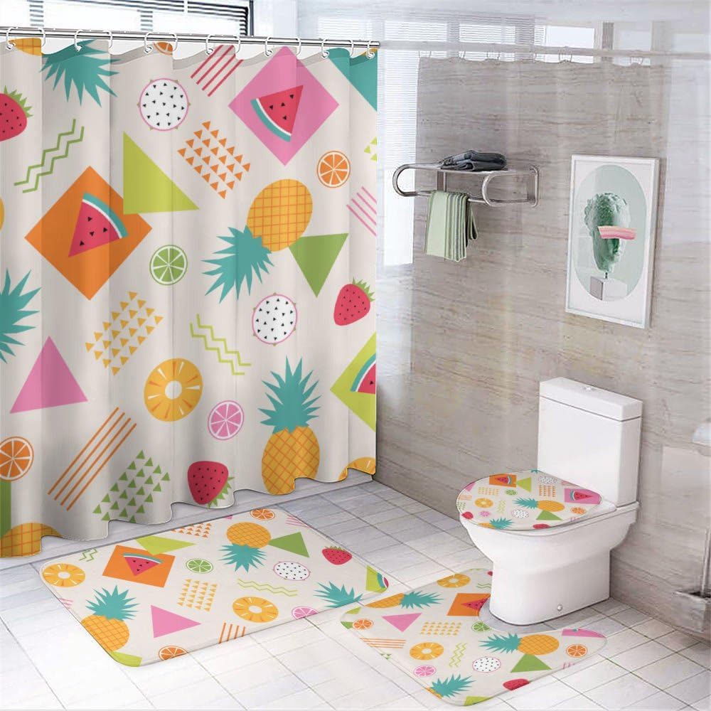 Kuizee Tropical Fruit Shower Curtain Set with 4 Rugs