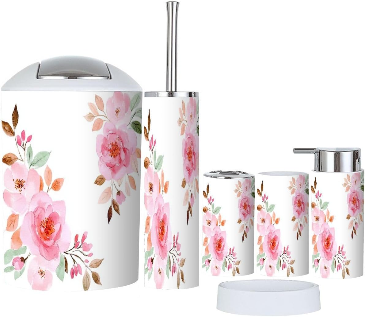 Boho Peach Rose Flower Bathroom Accessory Set 6 Piece