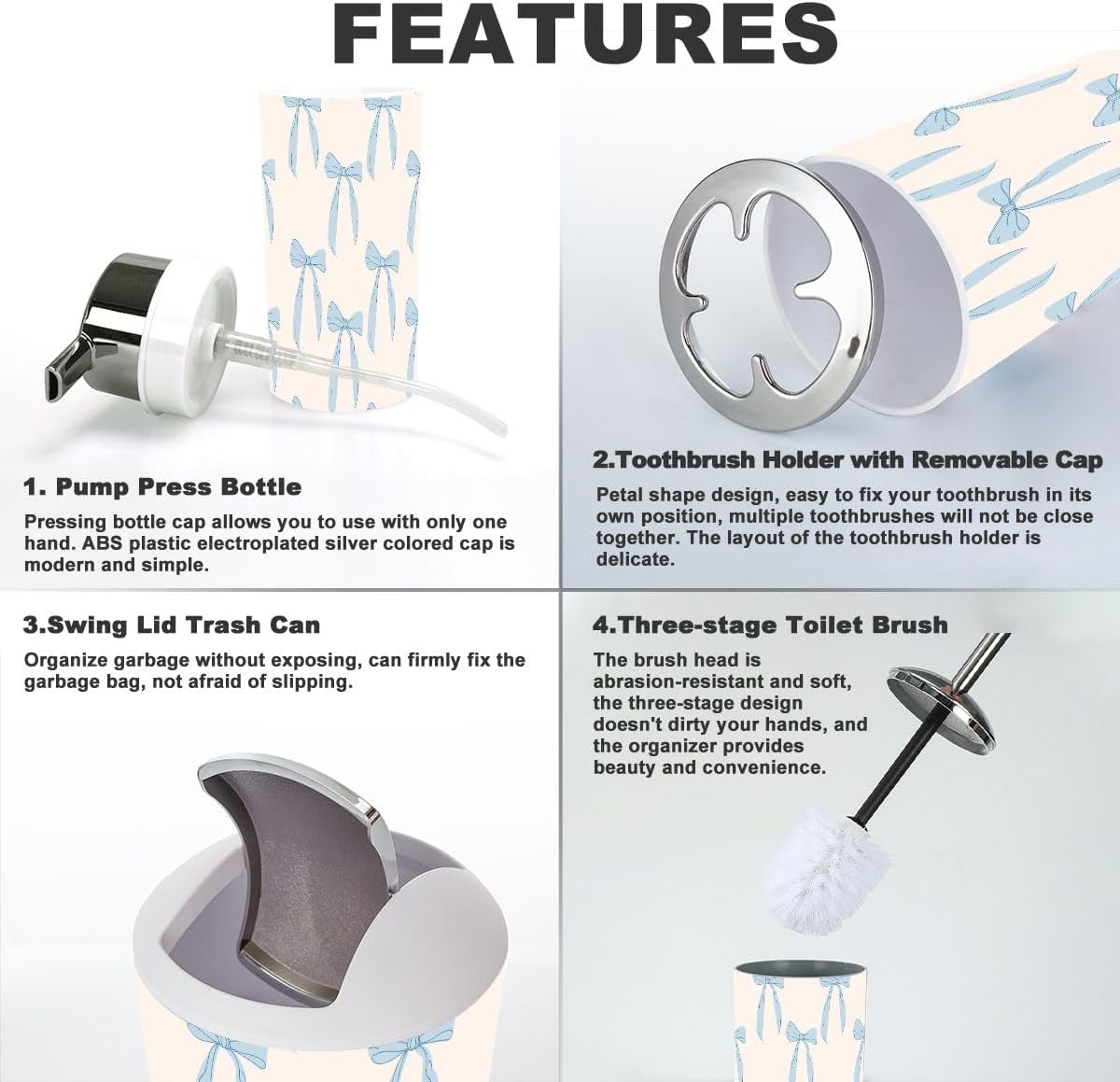 6 Piece Bathroom Accessory Set with Blue Bows