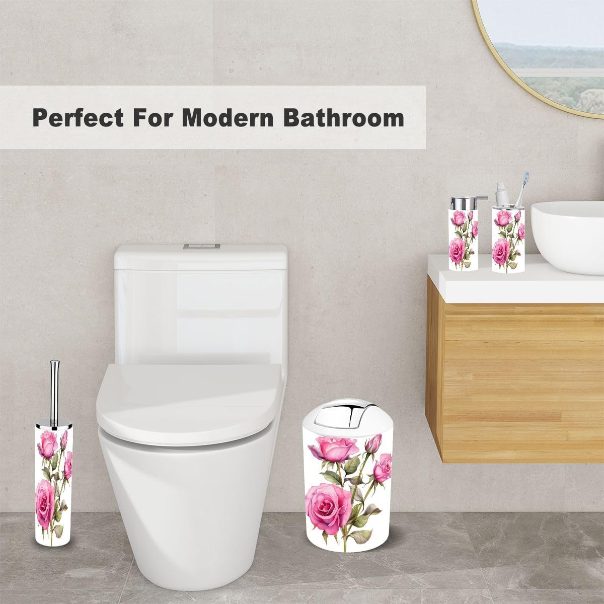 Bathroom Accessory Set 6 Piece Pink Rose Flower Design