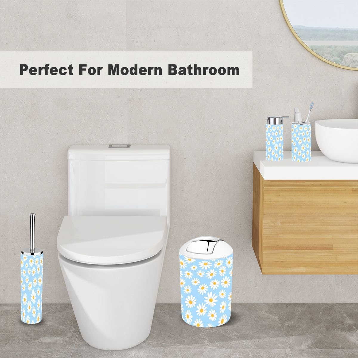 Daisy Flower Blue Bathroom Accessories 6 Piece Set