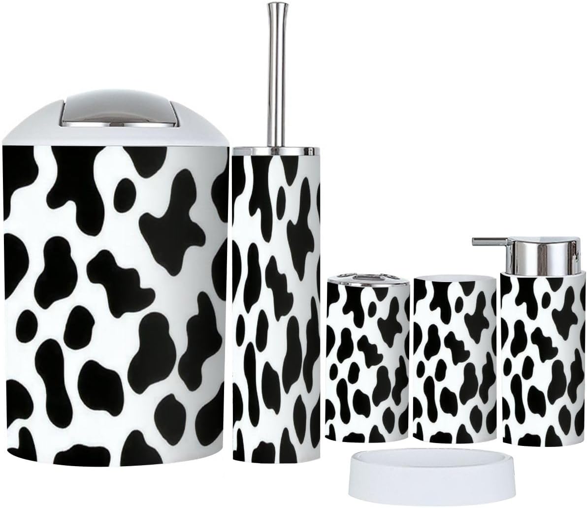 6-Piece Bathroom Accessory Set with Milk Cow Skin Pattern