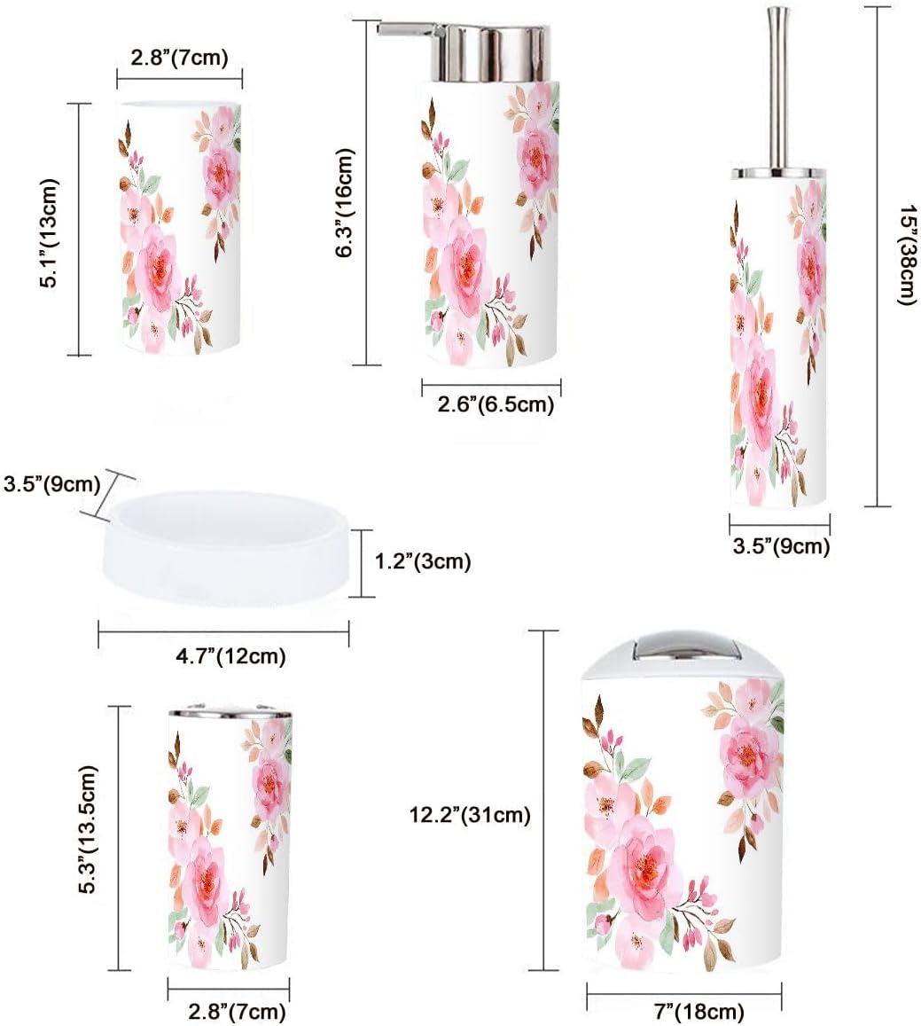 Boho Peach Rose Flower Bathroom Accessory Set 6 Piece