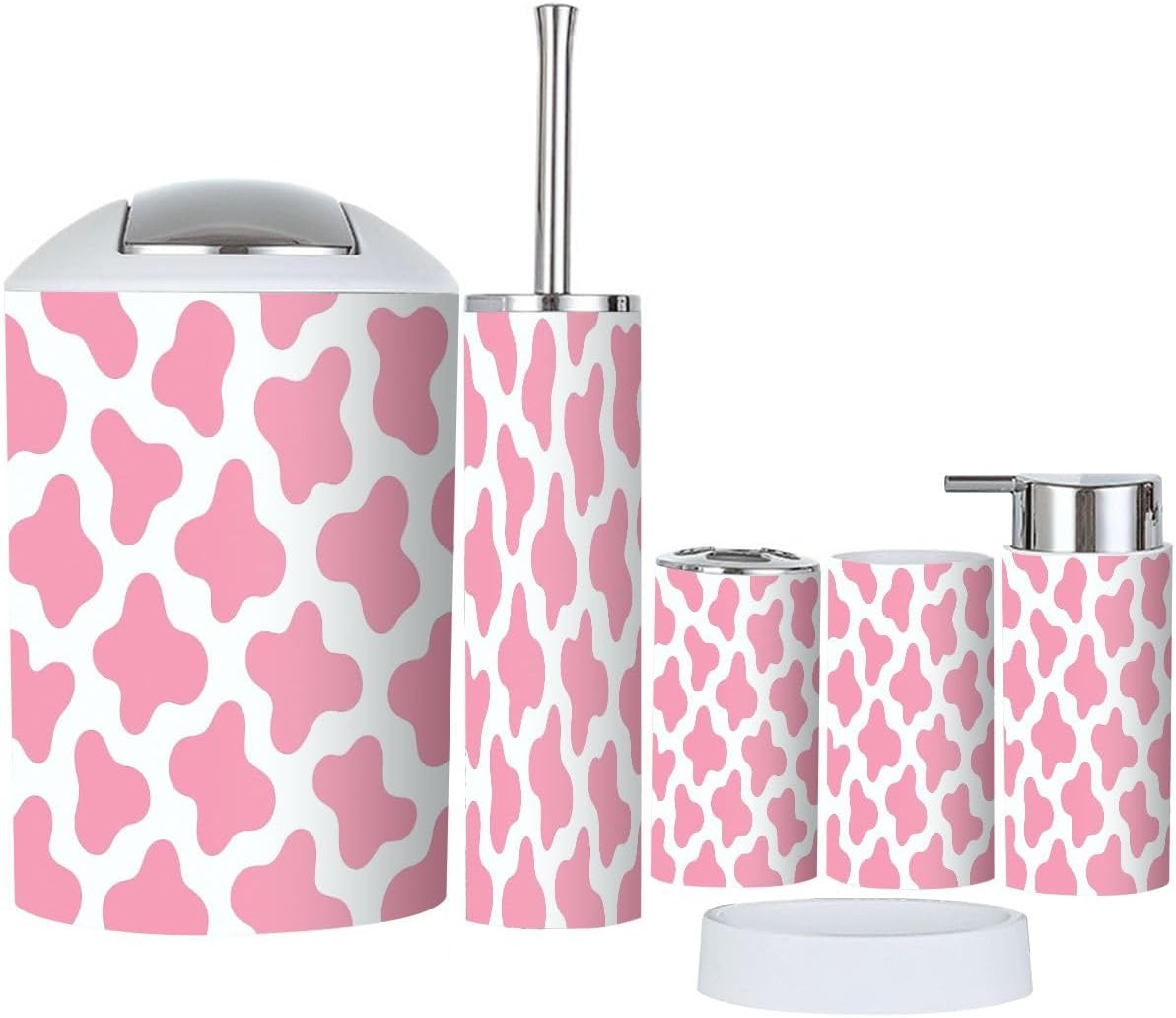 TRANQDEHOM 6-Piece Boho Bathroom Accessory Set with Pink Cow Texture