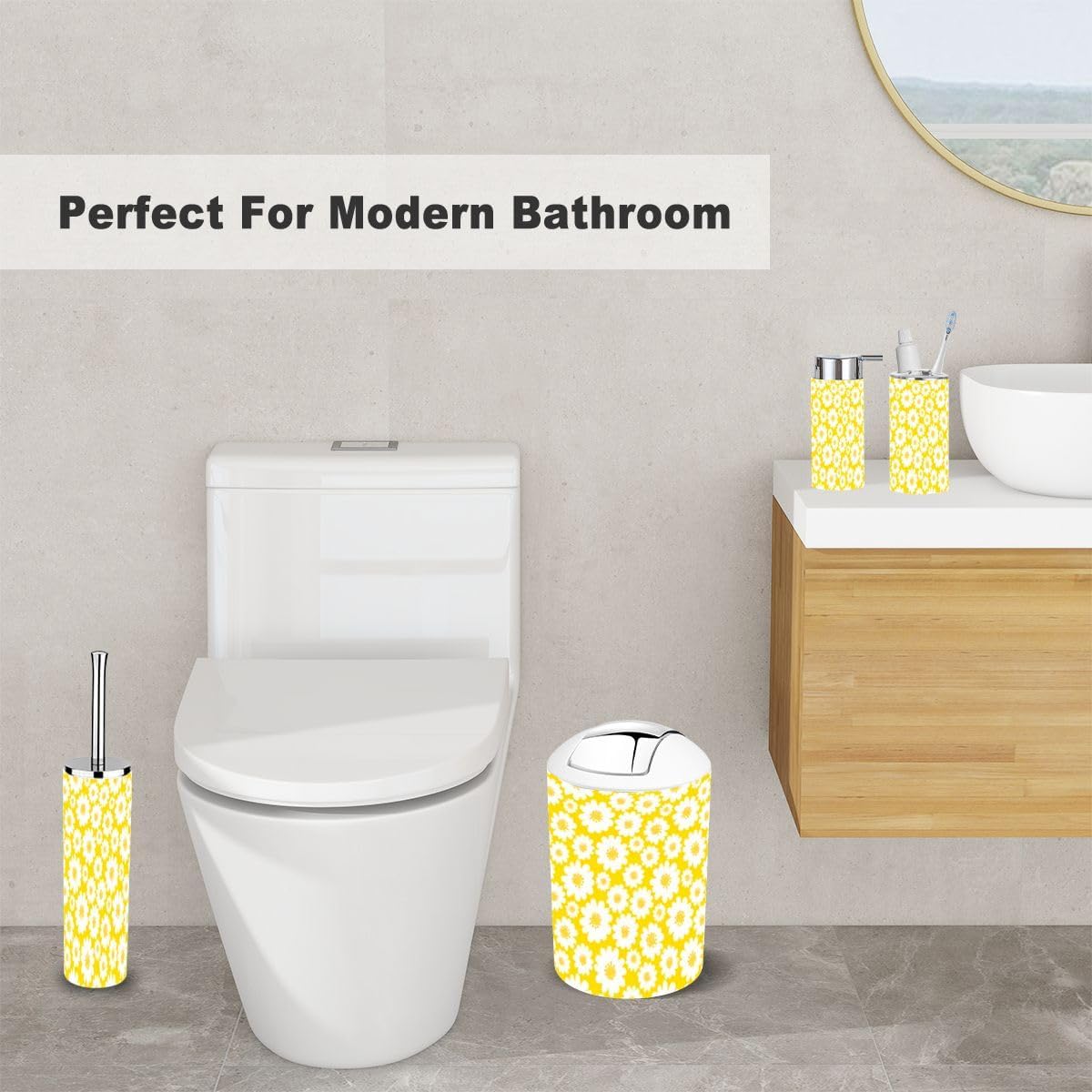 6 Piece White Daisies Bathroom Accessories Set